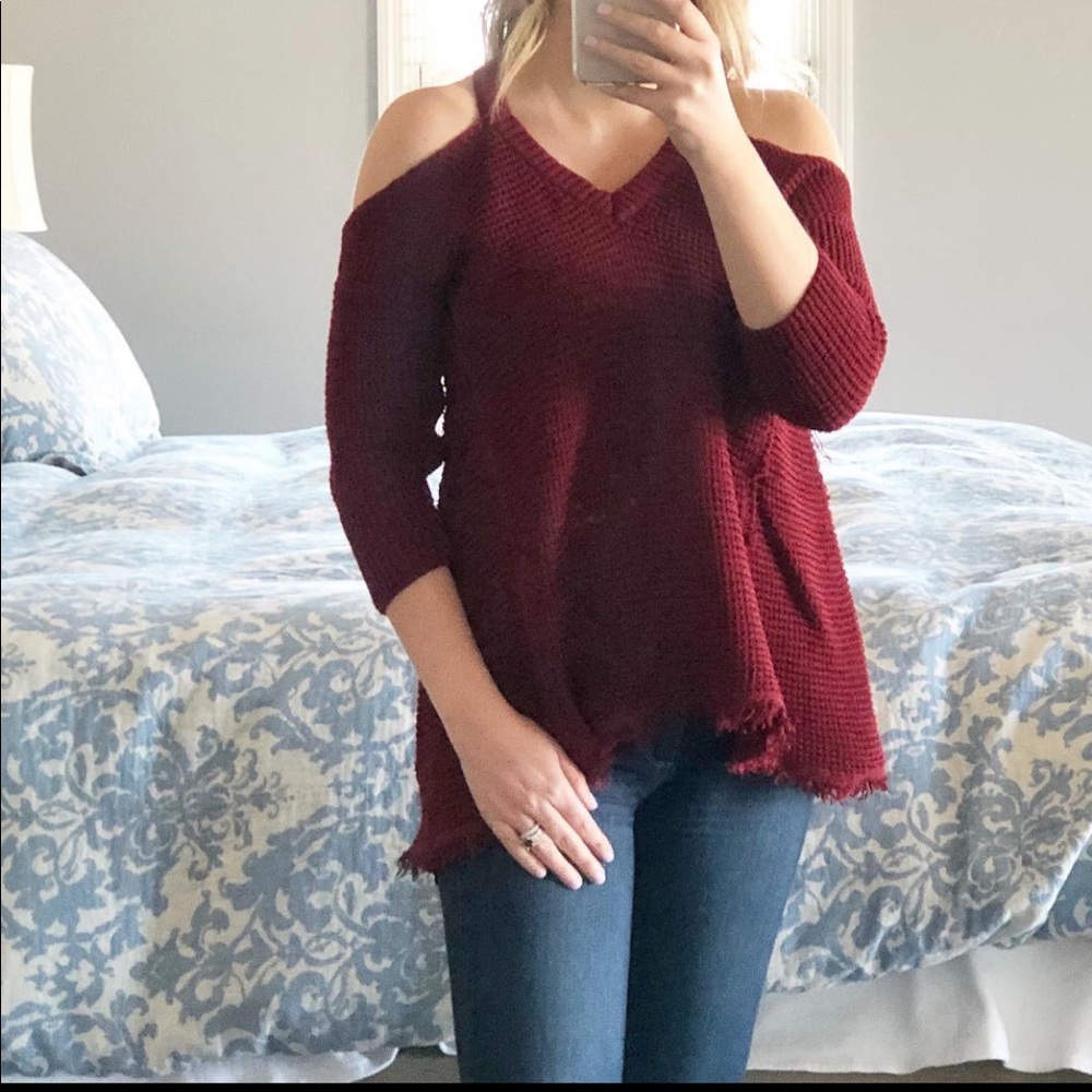 Burgundy peek-a-boo shoulder sweater